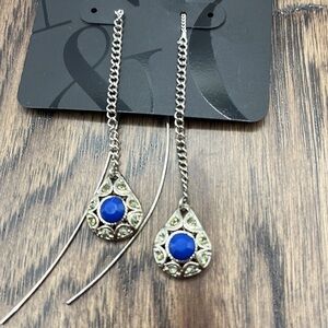 Tread earrings Silver Tone with Rhinestones and Blue Center Long Adjustable